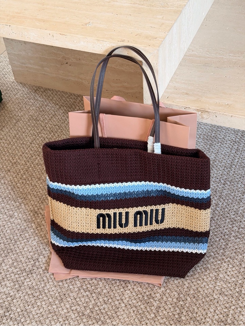 Miu Miu Brown Knit Stripe Tote Bag - Picture 2 of 6